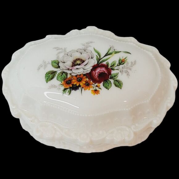 Vintage 1980s Floral Flowers Moriage Design Trinket Box - Picture 2 of 12